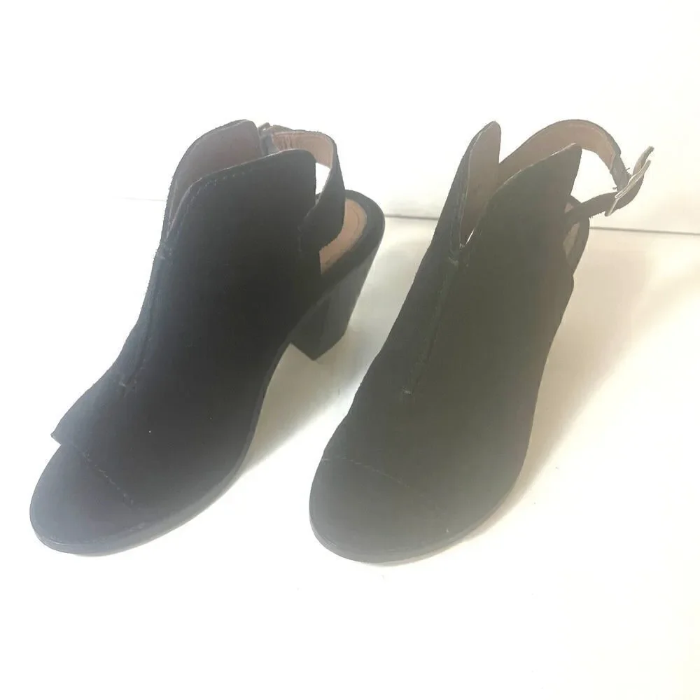 Frye Black Suede Ankle Bootie High Heels Wrap Women's Size 8.5 B Peep Toe Buckle